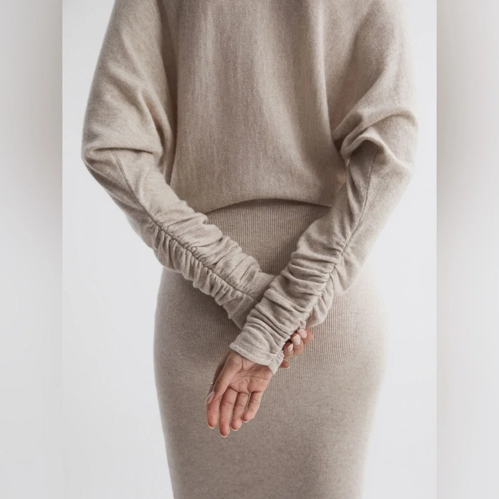 Reiss Leila Neutral Wool Blend Ruched Sleeve Dolman Midi Sweater Dress Size L - Picture 3 of 10